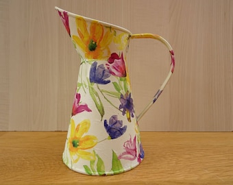 SOLD >>Flower Galvanised Jug , Pitcher or Vases . Decoupage . Mother's Day Gift