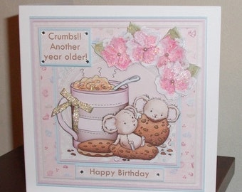 Cute birthday card with mice nibbling cookies beside hot chocolate, hand cut decoupage greetings card with tiny pearls, crystals and bow