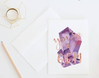 You're A Gem | Purple Gemstome Thank You Card For Friend, Thinking Of You, Watercolor Illustrated Greeting Card With Blank Interior