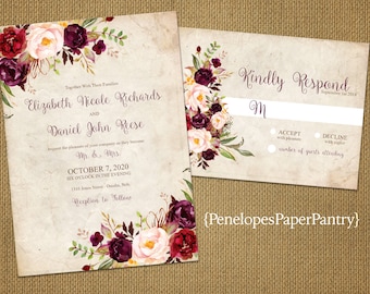 Elegant Rustic Fall Wedding Invitation,Burgundy,Blush,Marsala,Roses,Parchment,Rustic,Romantic,Simple,Custom,Printed Invitation,Wedding Set