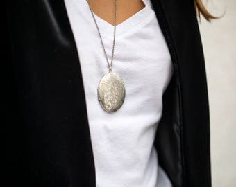 Huge Floral Design Silver Locket Necklace, Oval Big Picture Locket, Paisley Antiqued Silver Flower Jewelry Substantial Picture Necklace