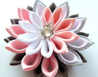 Kanzashi fabric flower brooch . Pink, white, grey and silver