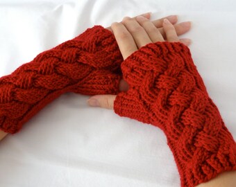 DISCONTINUED Ruby Red Merino Fingerless Gloves, Wool Wrist Warmers, Handmade Cabled, Knotted Up Gloves