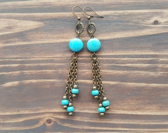 Long turquoise earrings. Bronze dangle earrings. Bohemian turquoise earrings. Boho earrings. Gemstone earrings. Long chain earrings.