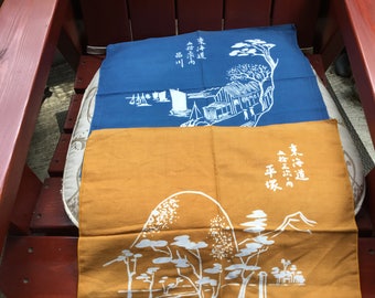 Set Of 2 Japanese Blue And Brown Cotton Cloth Handkerchief "The Fifty-three Stations of the Tōkaidō"