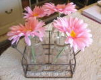 Vintage Milk Bottles & Wire Basket