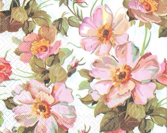 4 Decoupage Napkins, Paper Napkin for Decoupage, Wild Rose Flowers, Craft Napkin, Flower Napkin, Decoupage Paper