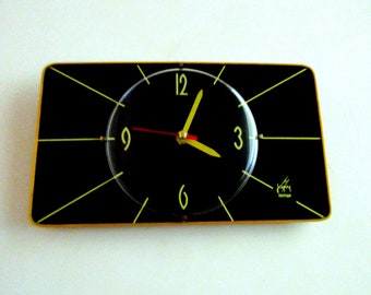 French 1950-60s Atomic Age JAPY Bright YELLOW Stripes - French Formica Clock - Black and Yellow Formica Wall Clock - Great Working Condition