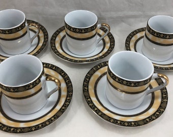 GNA Fine Porcelain Cups & Saucers Demitasse ESPRESSO Set Of 5 White/Gold