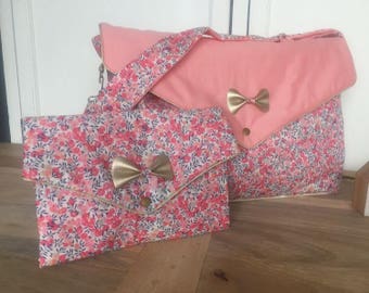 Liberty, diaper bag sweet pea Wiltshire fabric quilted and coral pink with gold bow