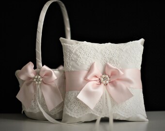 Pink Flower Girl Basket, Pink Ring Bearer Pillow, Wedding Ring Pillow, Pink Wedding Basket, Pink Wedding Pillow Basket Set, Blush Bearer