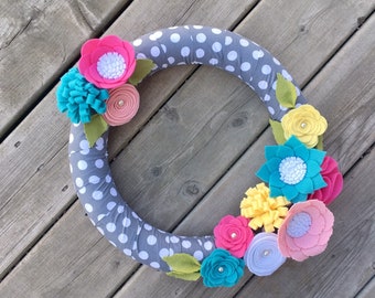 Felt Flower Wreath, Spring Wreath, Front Door Wreath, Felt Floral wreath, Summer Wreath, Pink Aqua Yellow Felt Flowers
