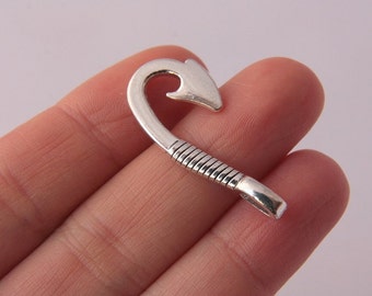Fish Hook Charms, 10pcs Fishing Hook Pendants, (32mm x 14mm) Hook Charms, Antique Silver Fish Hook Connector, Fish Hook Pendant, Hook Charms