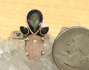 Beautiful Morganite , Garnet and Mystic Topaz Ring, Size 9