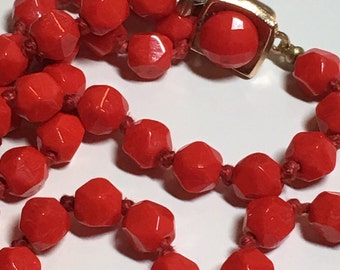 Vintage Faceted Red Glass Bead Necklace Long