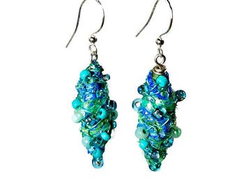 Unique Aqua Blue Dangle Earrings, Repurposed Recycled Upcycled, Fiber Art Jewelry, Artsy Earrings, Gift For Her, Turquoise