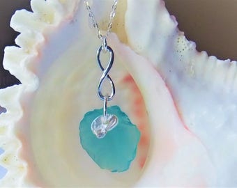 Genuine Sea Glass Jewelry Aqua Blue Sterling Silver Infinity Beach Glass Necklace, Infinity Necklace, Beach Wedding