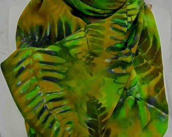silk scarf large long Green Ferns crepe hand painted unique wearable art women luxury gift