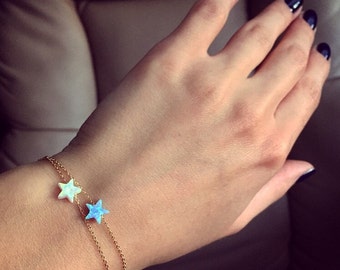 Opal Star Bracelet; gold bracelet with a lab Opal star; silver bracelet with opal star