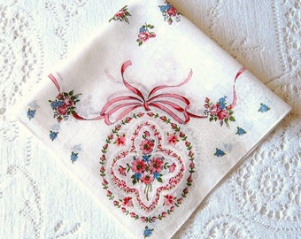 Vintage Handkerchief White Cotton Floral Hanky Hankie Pink Roses Bow Shower Favor Bridesmaid Country Wedding Sympathy Gift Quilt Supplies