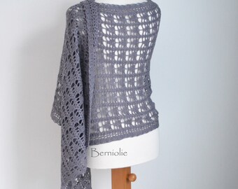 Lace crochet shawl, stole, wool, grey, gray, M264