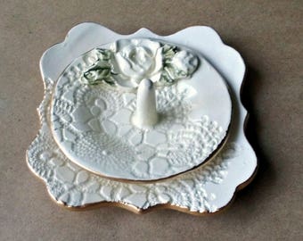 OFF WHITE Ceramic Ring Holder with Trinket Dish Set Engagement Ring Holder white lace with Gold edging