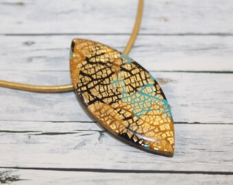 Gold, turquoise and black leaf necklace