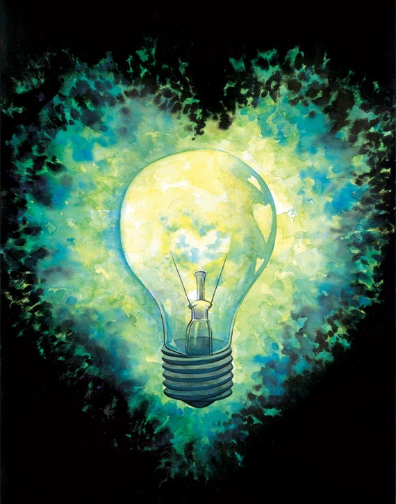 Items similar to Glow Fine Art Print Glowing Light Bulb Watercolor