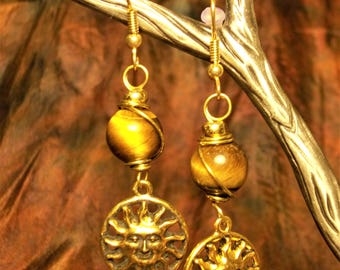 Sunny Lugh Earrings... Tigers Eye, Sun, Bronze, Sunshine, Summer, Lughnassadh, Pagan, Wicca