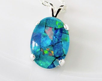 Australian Opal Necklace, Sterling Silver Opal Pendant, Australian Mosaic Opal Necklace, Gits For Her, October Birthstone Necklace,