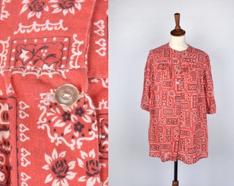 Vintage Red and White Handkerchief Print Top