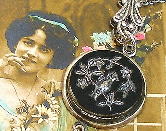 SongBird Antique BUTTON necklace, Victorian black glass on silver chain.1800s button jewellery.
