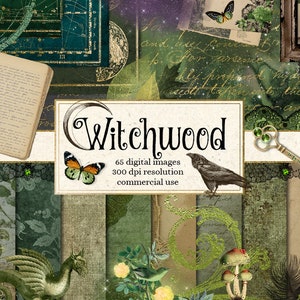 Witchwood Digital Scrapbooking Kit, clipart, digital paper ephemera, frames, florals, magic witch, dragon, fantasy digital overlays