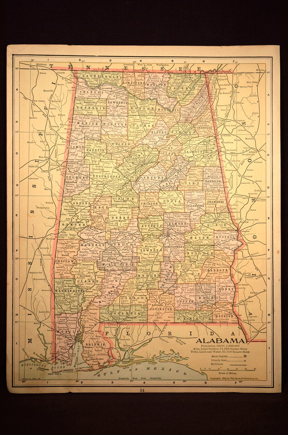 Antique Alabama Map State Original Early 1900s