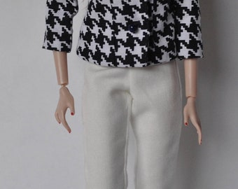 Barbie Clothes Houndstooth Jacket with White Pants Royalty FR2 Doll Black and White Jacket White Pants and Red Scarf #5