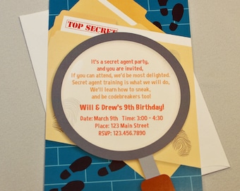 Custom Secret Agent, Spy, or Detective Birthday Party Invitations and Thank You Notes