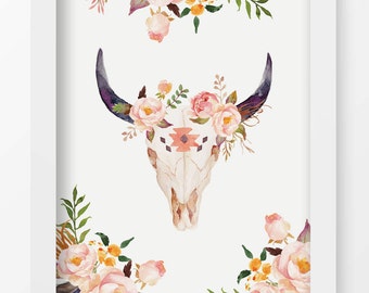Bull Skull Art Print Watercolor Home Decor Wall Printable Bull Skull Art Print Watercolor Home Decor Wall Printable