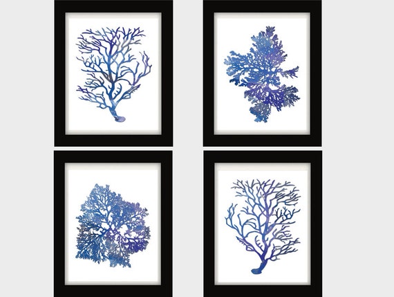 indigo blue coral prints blue sea coral print set of four
