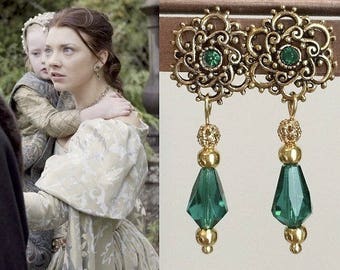 Anne Boleyn Emerald Swarovski Crystal Gold Flower Teardrop Earrings Renaissance Tudor