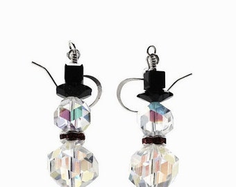 Snowmen Earrings, Crystal, Vintage Swarovski, Sterling Silver Winter Holiday Christmas Jewelry