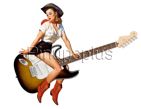 Sexy Cowgirl Pinup Riding A Guitar Pin Up Waterslide Decal For