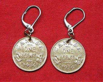 1936 Earrings made with canadian pennies from 1936