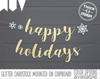 happy holidays banner, with snowflakes, christmas banner, glitter party decorations, cursive banner