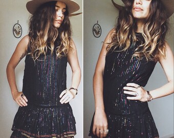 Vintage 70s // INDIAN GAUZE METALLIC Thread Party Dress // Delicate Drop Waist Bohemian Dress // Size Xs- S