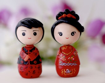 Chinese bride and groom wedding cake topper kokeshi figurines