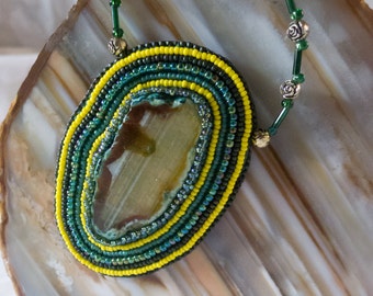 Bead Embroidered Agate Necklace
