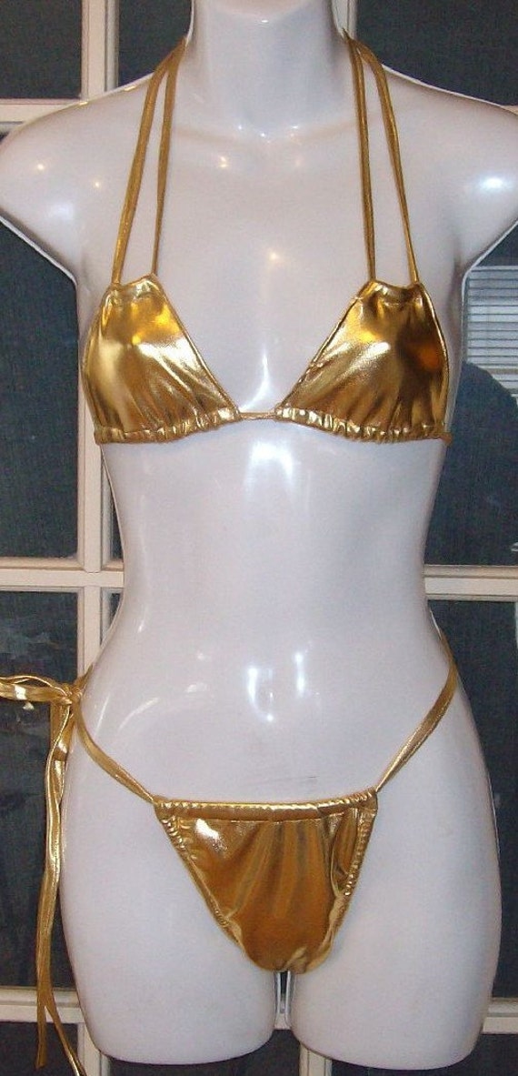 Shiny gold metallic lycra micro string bikini thong back