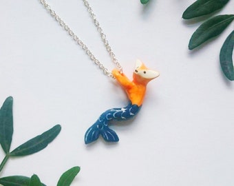 Fox mermaid porcelain pendant necklace, handmade ceramic jewellery, MerAnimal necklace