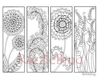 DIY Valentines Day Printable Bookmarks Coloring Page Zentangle Inspired Heart Flowers 1 Zendoodle Doodle PDF Instant Download