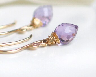 Pink Amethyst Earrings | Inverted Teardrop Briolettes | 14k Gold Fill | Rose Gold | Sterling Silver | Petite Dangles | February Birthstone